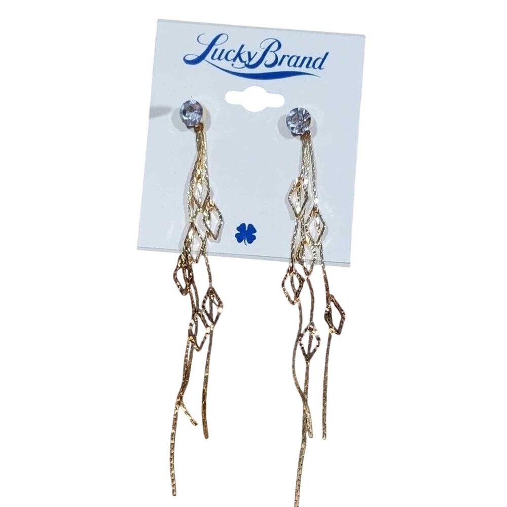 Lucky Brand Gold Tone Crystal Diamond Open Work Shoulder Duster Drop Earrings